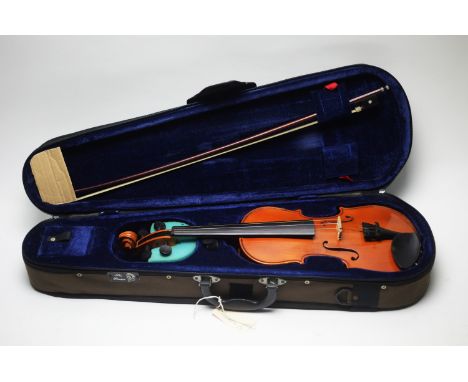 A Stentor II 3/4 size student violin, light amber varnish, cased with bow.