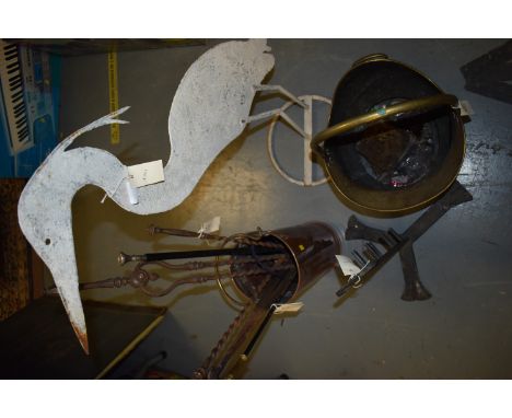 A brass helmet-shaped coal scuttle; a box of military, riding and other hats; together with handbags and tote bags, designers