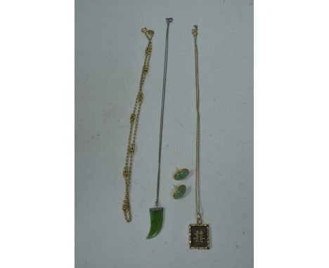 A Chinese character pattern 9ct yellow gold pendant, on chain; a 9ct yellow gold fancy link chain; a jade coloured stone and 