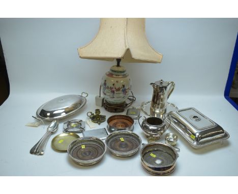 EPNS items, including: tablespoons; entree dishes; coasters; hot water jug; hip flask; and other items; and a Chinese ginger 