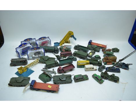 Vintage Dinky diecast vehicles, including: fire engine, Foden tanker, Centurion tank, Foden flatbed truck, goods yard crane, 