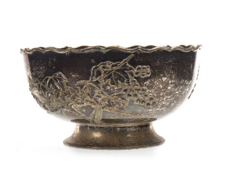 EARLY 20TH CENTURY CHINESE SILVER BOWL, of circular form, decorated in relief with berries and leaves and squirrel, maker SF,