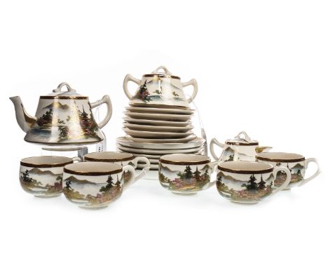 20TH CENTURY JAPANESE SATSUMA TEA SERVICE, comprising a tea pot, sugar and cream, six cups, six saucers and six side plates, 