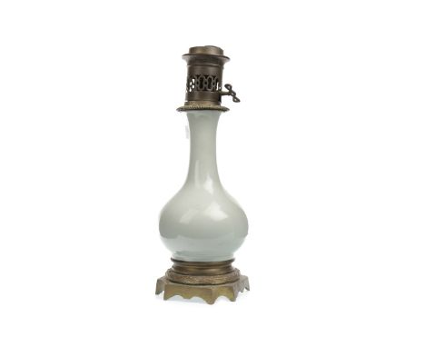 LATE 19TH/EARLY 20TH CENTURY CHINESE CELADON VASE, converted to a lamp, 37cm high overall