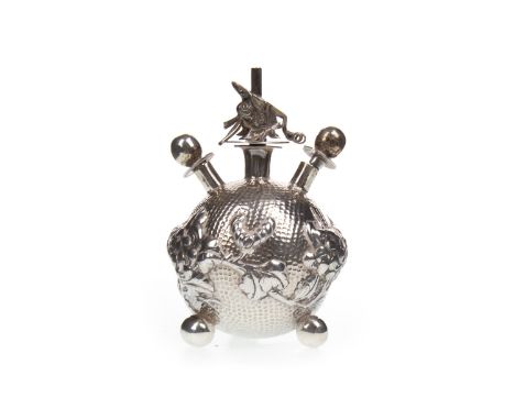 CHINESE SILVER OPIUM BURNER, of spherical form, embossed with crysanthemums, the wick holder modelled as a dragon head, on th