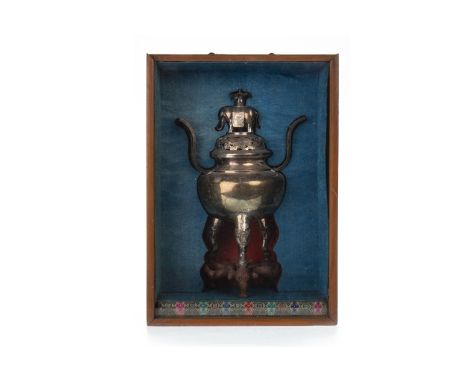 CHINESE SILVER CENSER, the pierced lid with elephant finial, on three animalistic legs, marks to underside, on wooden stand, 
