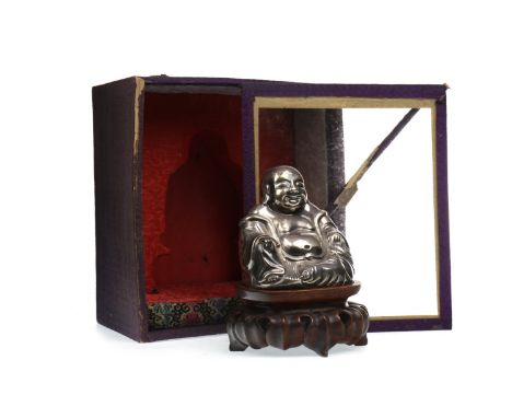 CHINESE SILVER BUDDHA, modelled seated, 120g, 8.5cm high, on wooden stand, in presentation box