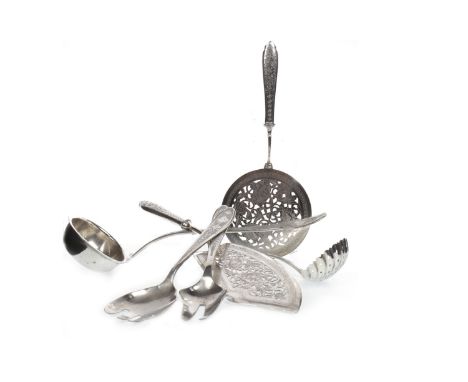 IRANIAN SILVER FISH SLICE, along with a similar serving spoon, ladle, two servers and a European silver sifting ladle (5)