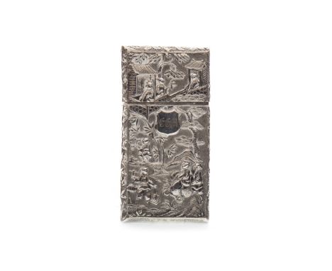 CHINESE SILVER CARD CASE, embossed with figures and cranes, marks indistinct, 8cm long, 4.5cm wide, 42g