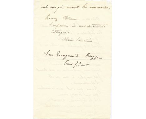 LAURENCIN MARIE: (1883-1956) French Painter. A.L.S., Marie Laurencin, two pages, 8vo, Paris, n.d., to a lady, in French. Laur