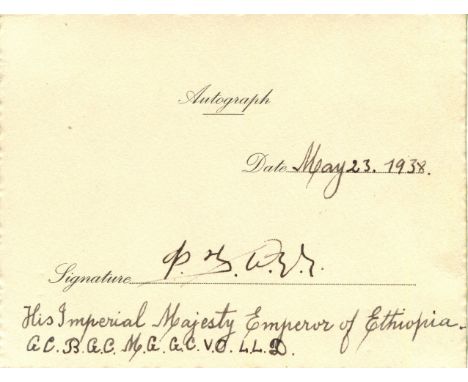 HAILE SELASSIE I: (1892-1975) Ethiopian Regent 1916-30 and Emperor 1930-74. Vintage fountain pen ink signature on a partially
