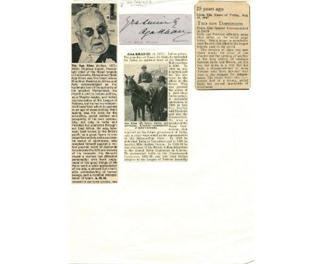 KHAN III AGA: (1877-1957) Imam of the Shia Ismaili Muslims 1885-1957. The Aga Khan was one of the founders and first Presiden