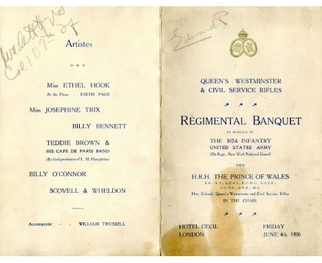 EDWARD VIII: (1894-1972) King of the United Kingdom January - December 1936. Later Duke of Windsor. A signed printed 8vo menu