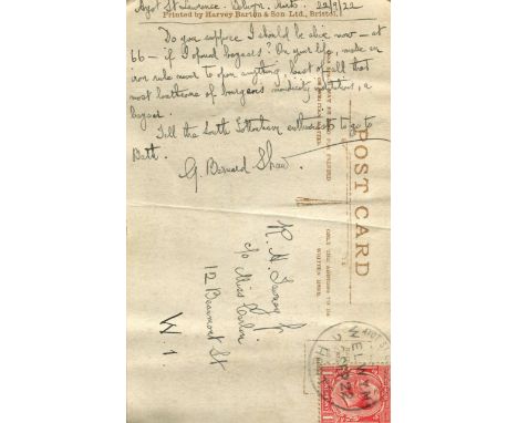 SHAW GEORGE BERNARD: (1856-1950) Irish Playwright, Nobel Prize winner for Literature, 1925. A.L.S., G. Bernard Shaw, to the v
