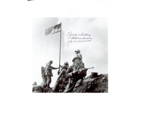 FIRST FLAG RAISING: Signed 8 x 10 photograph `Charles W. Lindberg, 1st Flag Raiser, Iwo Jima, Feb. 23, 1945, 10.30 A.M´, the 