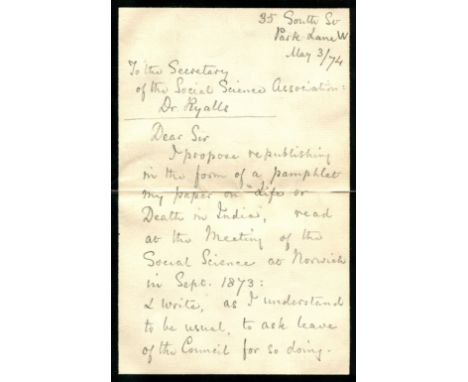 NIGHTINGALE FLORENCE: (1820-1910) English Pioneer of modern Nursing. A.L.S., Florence Nightingale, two pages, 8vo, South Stre