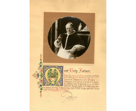 PIUS XI: (1857-1939) Pope of the Roman Catholic Church 1922-39. A large vintage signed 13.5 x 20 photograph, incorporating am