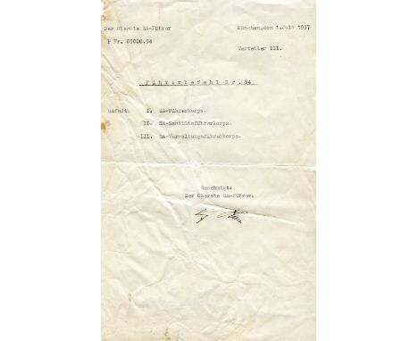 HITLER ADOLF: (1889-1945) Fuhrer of the Third Reich 1934-45. D.S., A Hitler, one page, 4to, Munich, 1st July 1937. The typed 