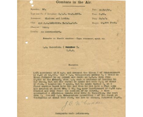 MCCUDDEN JAMES: (1895-1918) English Fighter Ace of World War I, Victoria Cross winner for his flying services over France, Au