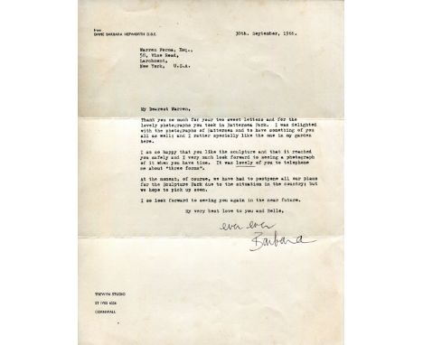 HEPWORTH BARBARA: (1903-1975) British Sculptor. T.L.S., Barbara, with holograph subscription ('ever ever'), one page, 4to, Tr