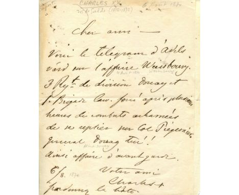 CHARLES XV OF SWEDEN: (1826-1872) King of Sweden, and King of Norway as Charles IV, 1859-72. A good A.L.S., Charles, one page