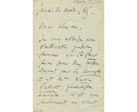 GOUNOD CHARLES: (1818-1893) French Composer. A.L.S., `Ch. Gounod´, two pages, 8vo, n.p., 30th April 1885, to Edouard Colonne,