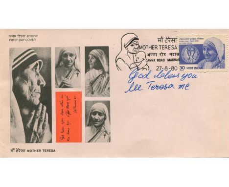 TERESA MOTHER: (1910-1997) Albanian Roman Catholic Nun, Nobel Peace Prize winner, 1979. Signed First Day Cover commemorating 