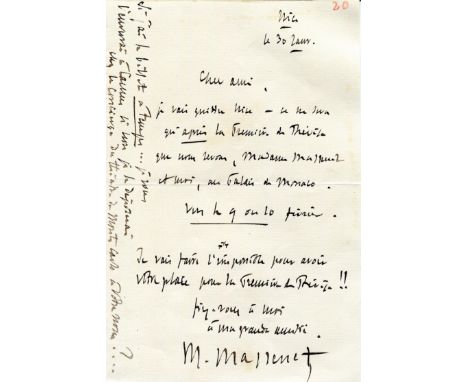 MASSENET JULES: (1842-1912) French Composer. A.L.S., `Jul. Massenet´, one page, 8vo, Nice, 30th January 1907, to Raymond de l