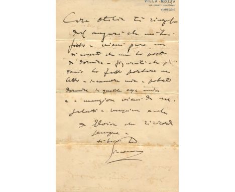 PUCCINI GIACOMO: (1858-1924) Italian Composer. A.L.S., Giacomo, one page, 8vo, Villa Motta, Viareggio, n.d. (28th July 1914),