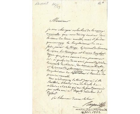 RASPAIL FRANCOIS-VINCENT: (1794-1878) French Chemist, Naturalist & Physician. A.L.S., Raspail, one page, 8vo, Maison d'arret,