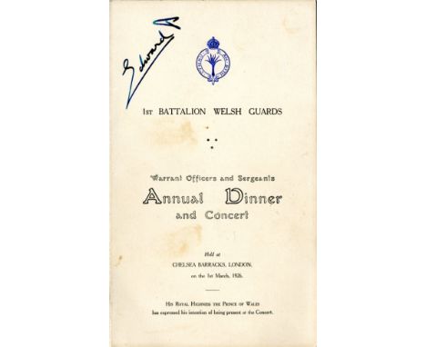 EDWARD VIII: (1894-1972) King of the United Kingdom January - December 1936. Later Duke of Windsor. A printed 8vo menu card f