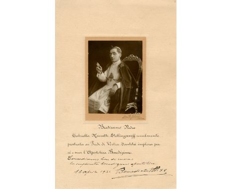 BENEDICT XV: (1854-1922) Pope of the Roman Catholic Church 1914-22. A good vintage signed sepia 9 x 14 photograph, incorporat