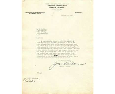 SUMNER JAMES BATCHELLER: (1887-1955) American Biochemist. Nobel Prize Winner for Chemistry, 1946. An interesting T.L.S., `Jam