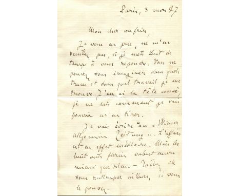 ZOLA EMILE: (1840-1902) French Novelist. A.L.S., Emile Zola, three pages, 8vo, Paris, 3rd March 1887, to his friend and trans