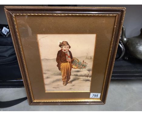 Arthur K Thrustons, flourished 1850-1880, fine watercolour on paper signed &amp; dated 1869. 'A Young boy selling Christmas H