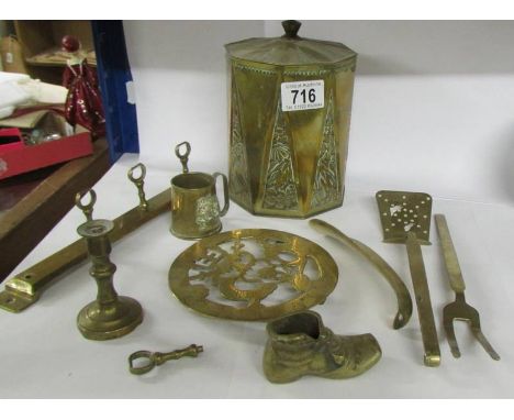 A mixed lot of brass ware including tea caddy.