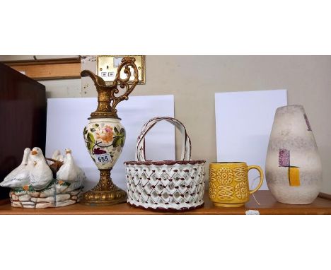 A gilt/ceramic jug, a duck bowl and a ceramic basket.