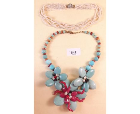 A large vintage turquoise and coral flower form necklace and a multistrand freshwater pearl necklace