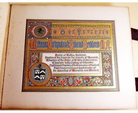 A fine Victorian illuminated manuscript presentation book by Howard Morton, given to the Rev. Riland in Sutton Coldfield on h