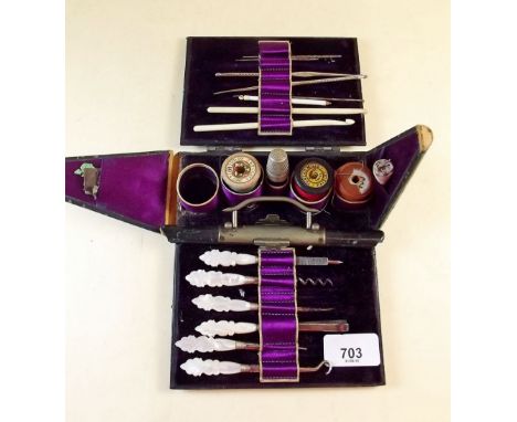A Victorian leather handbag form needlework case containing cottons, mother of pearl tools etc - a/f