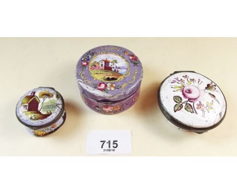 Three Bilston enamel boxes - a/f