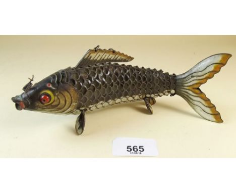 A large Chinese enamel and white metal reticulated fish - 21cm long, circa 1930