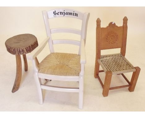 Two vintage child chairs and a rustic stool