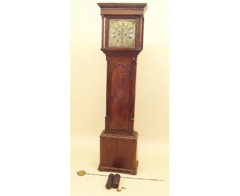 A 19th century oak eight day longcase clock with square hood, the brass face with Roman and Arabic numerals, seconds and date