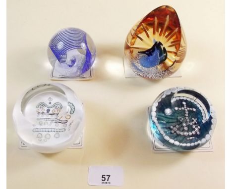 Three Caithness glass paperweights: 'Trapeze', 'Bedouin', 'Royal Wedding Anchor' and a Caithness Whitefriars Vivat Regina exa
