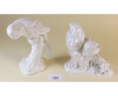 Two Royal Worcester bird groups in white, of parrot - 13cm, and baby wrens - unmarked
