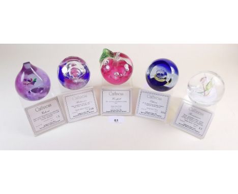 Five Caithness glass paperweights: 'Etheria', 'Britannia', 'Renaissance', 'Windfall' and 'Cabaret' with stands and certificat