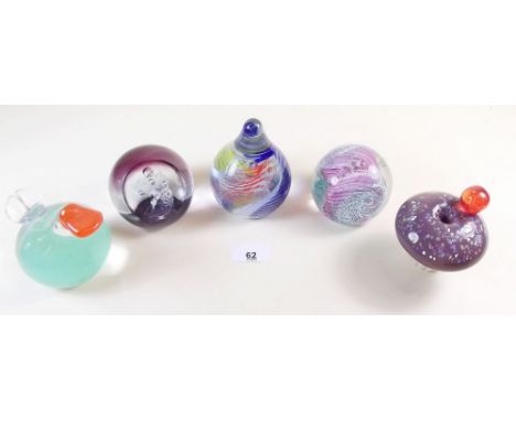 Five Caithness glass paperweights: 'Cupcakes Chocolate', 'Bombay The Duck', 'Dash', 'Moon Orchid', and 'Aries' - all boxed