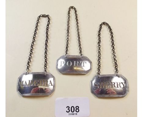 Three silver decanter labels 31g, the sherry label 1821 by GK, the Port label 1805 by IR and the Madeira label 1827 by MR CR