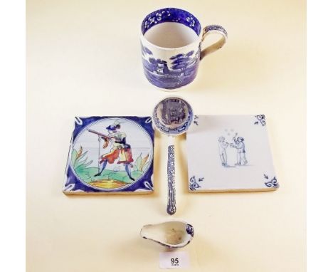 A blue and white 19th century mug,  miniature pap boat and ladle and two Delft tiles